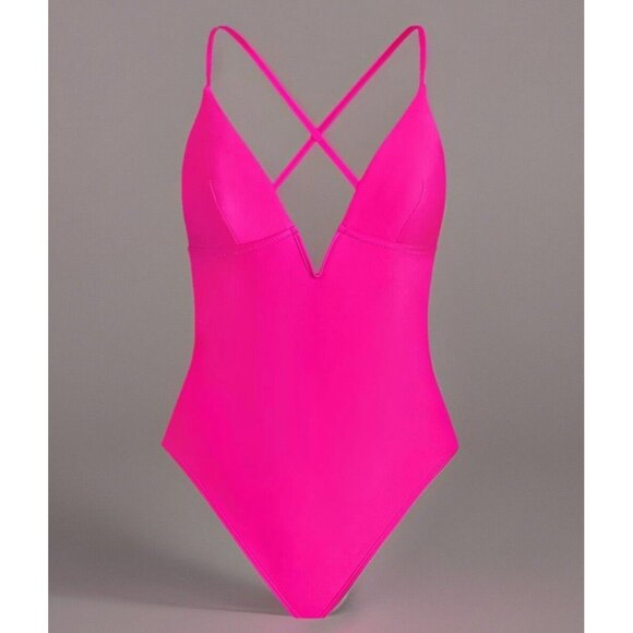 Cupshe Women’s Medium One Piece Swimsuit Hot Pink Plunge V Neck Crisscross Back - Picture 4 of 8